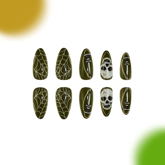 Spooky Halloween Long Almond Olive Green Press On Nail Set with Skull and Spider Web Designs