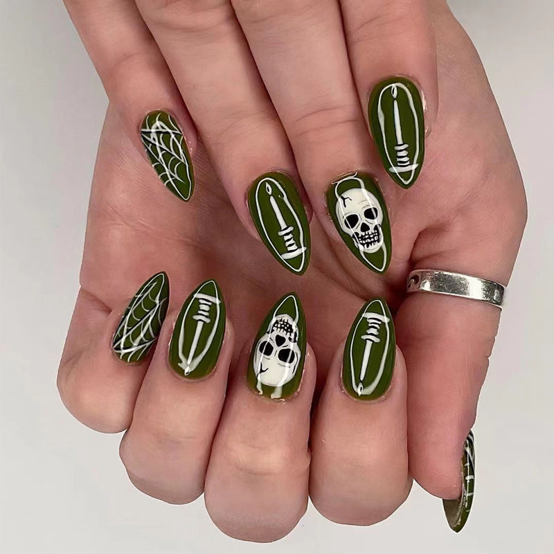 Spooktacular Long Almond Olive Green Press On Nail Set with Skull and Spider Web Designs