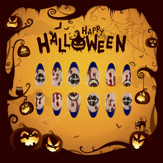 Haunting Halloween Long Almond Blue Blood Drip Press On Nail Set