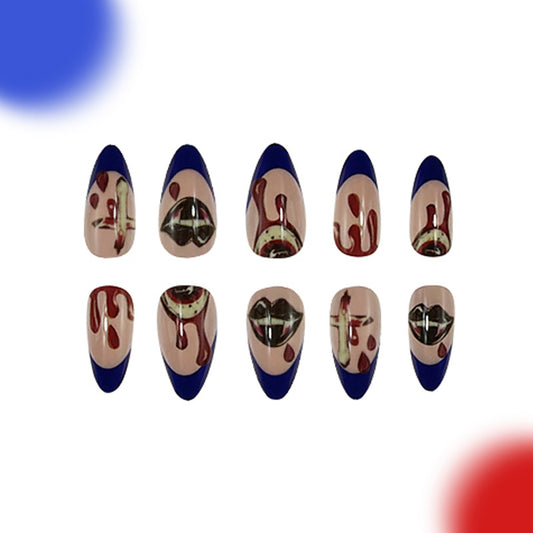 Spooky Glam Long Almond Blue and Red Dripping Blood Press On Nail Set