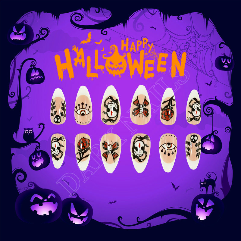 Spooky Halloween Long Almond White and Black Press On Nail Set with Unique Gothic Illustrations