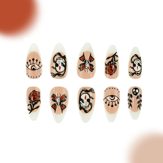 Boho Chic Press On Nail Set Long Almond Natural Beige with Unique Artistic Designs and Eye-Catching Motifs