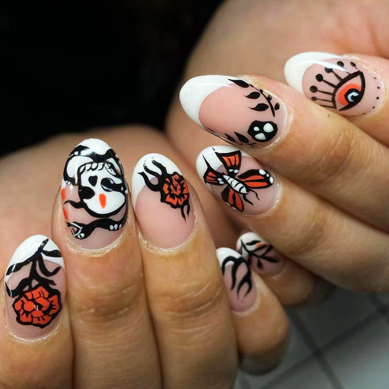 Gothic Elegance Long Almond White and Beige Press On Nail Set with Bold Black and Red Floral Designs