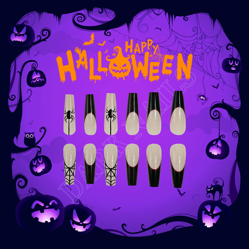 Spooky Halloween Long Coffin Black and Beige Press On Nail Set with Spider and Web Designs