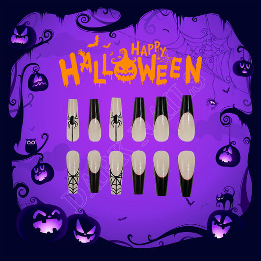 Spooky Halloween Long Coffin Black and Beige Press On Nail Set with Spider and Web Designs