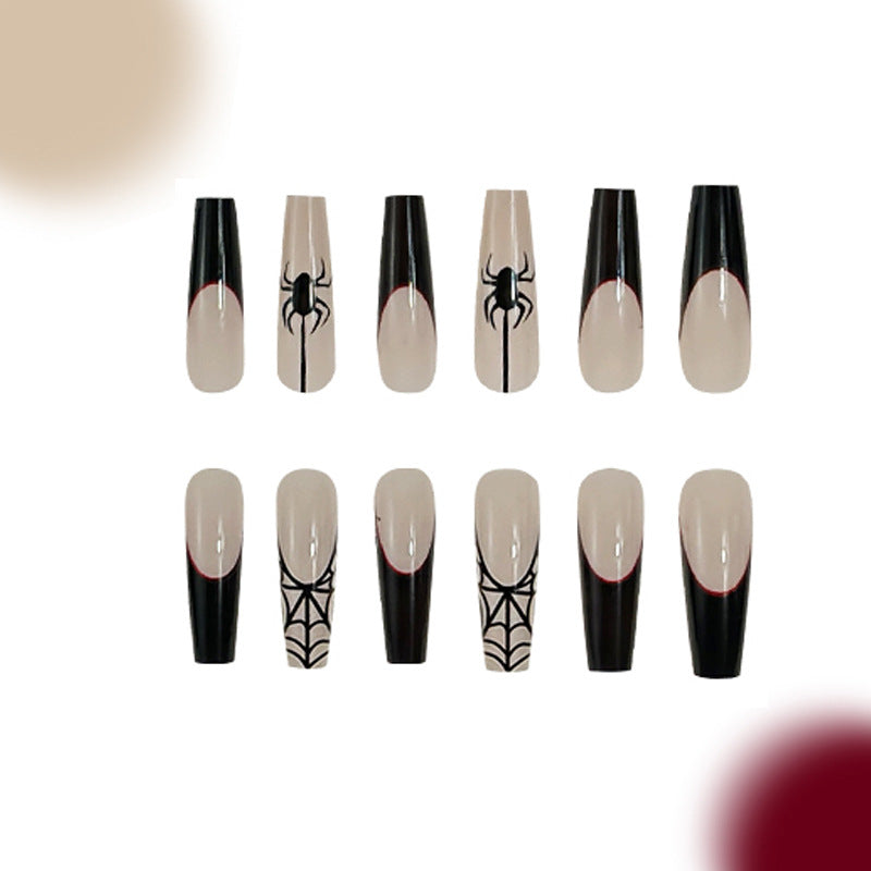 Spooky Elegance Long Coffin Press On Nails in Beige and Black with Spider and Web Designs