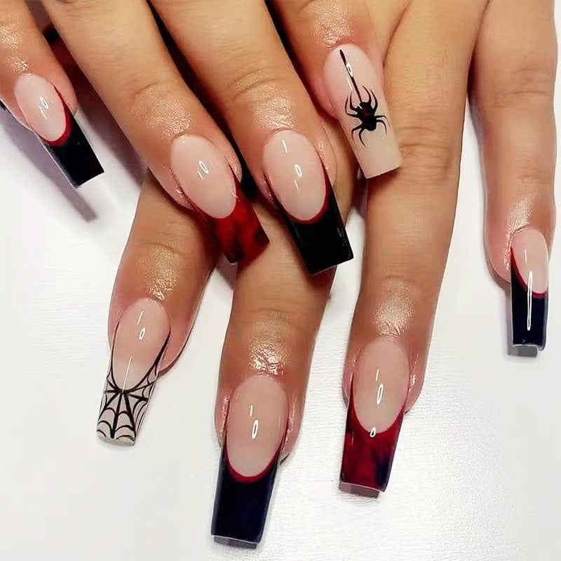 Spooky Elegance Long Coffin Black and Red Press On Nail Set with Spider and Web Design