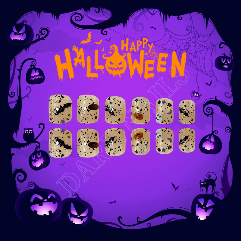 Spooky Halloween Short Oval Press On Nail Set in Beige with Creepy Bat and Pumpkin Designs
