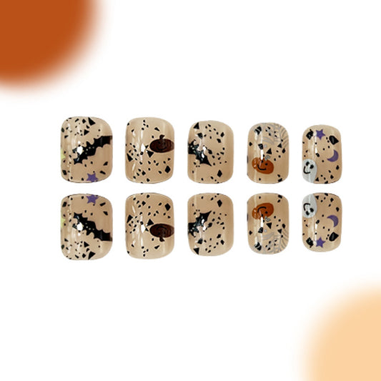 Spooky Nights Short Oval Beige Press On Nail Set with Halloween Themed Designs