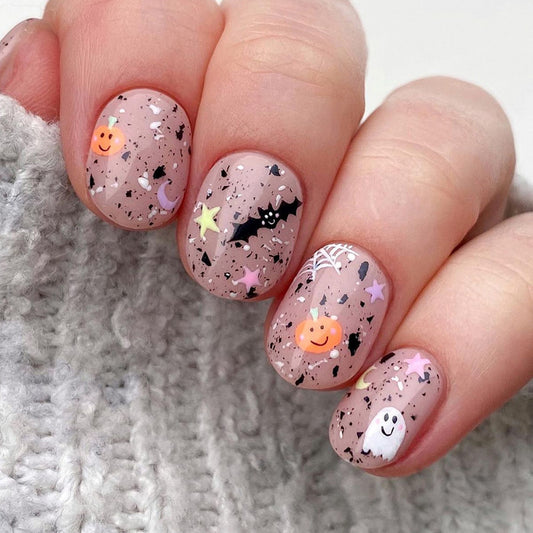 Spooky Halloween Themed Short Oval Beige Press On Nail Set with Colorful Halloween Accents