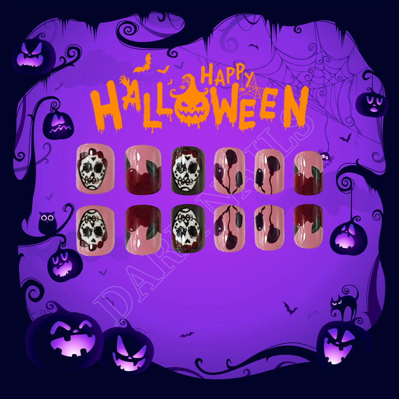 Spooktacular Square-Shaped Press On Medium Nail Set in Burgundy and Black with Halloween Skull Designs