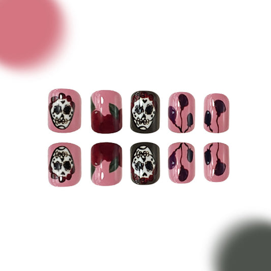 Sugar Skull Cherry Blossom Square Press Medium On Nail Set Pink Floral Design with Bold Skull Accents