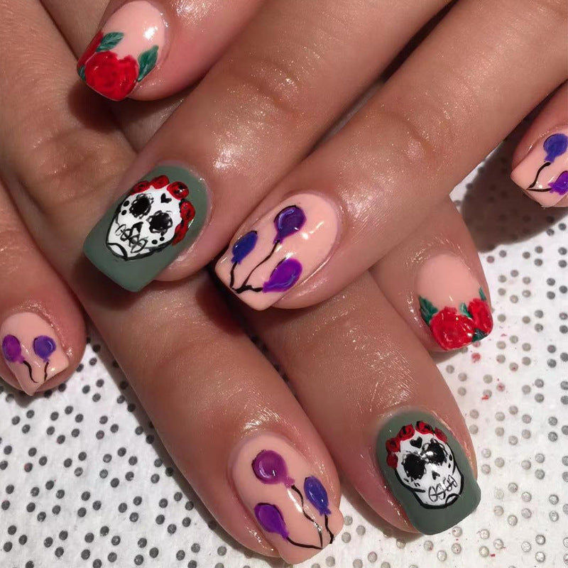 Sugar Skull Celebration Square Press On Medium Nail Set Green Pink and Red Floral Design with Skull Accent