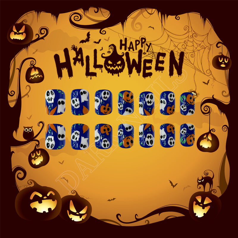Spooky Halloween Short Oval Blue Ghost and Pumpkin Press On Nail Set with Unique Art Design