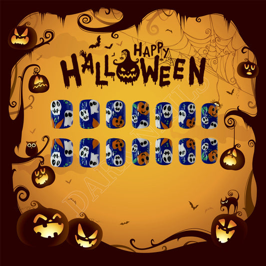 Spooky Halloween Short Oval Blue Ghost and Pumpkin Press On Nail Set with Unique Art Design