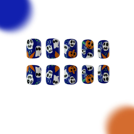 Spooky Halloween Press On Nail Set Short Oval Deep Blue with Ghost and Pumpkin Design