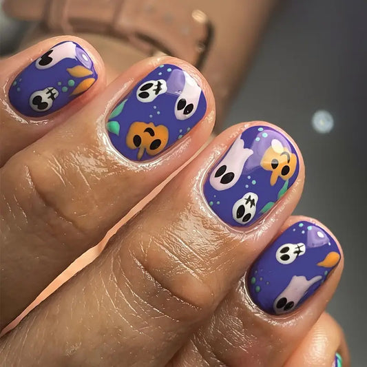 Spooky Halloween Press On Nail Set Short Oval Purple with Ghost and Flower Designs