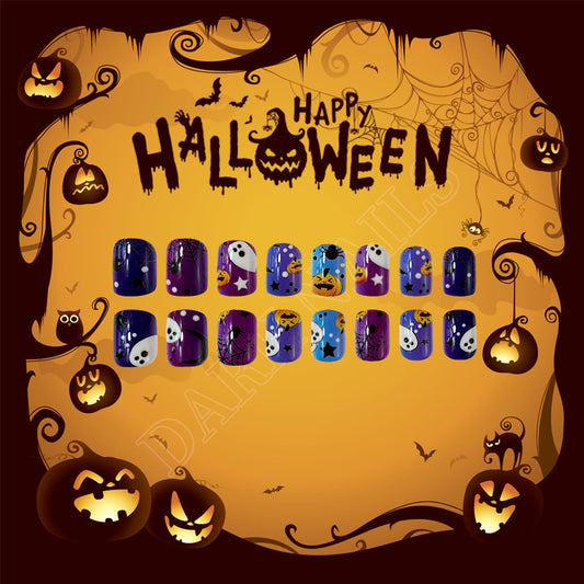 Spooky Halloween Themed Short Oval Purple and Blue Press On Nail Set with Ghosts and Pumpkins Design