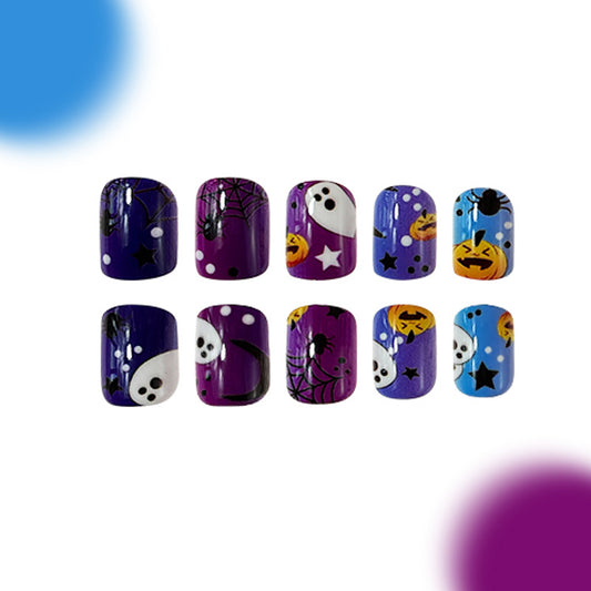 Spooktacular Halloween Themed Short Oval Press On Nails in Purple Blue and Black with Fun Ghost and Pumpkin Designs