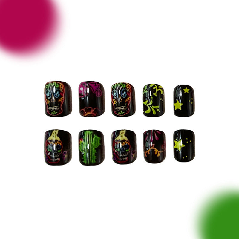 Day of the Dead Inspired Short Oval Press On Nail Set in Black with Colorful Skull and Floral Designs