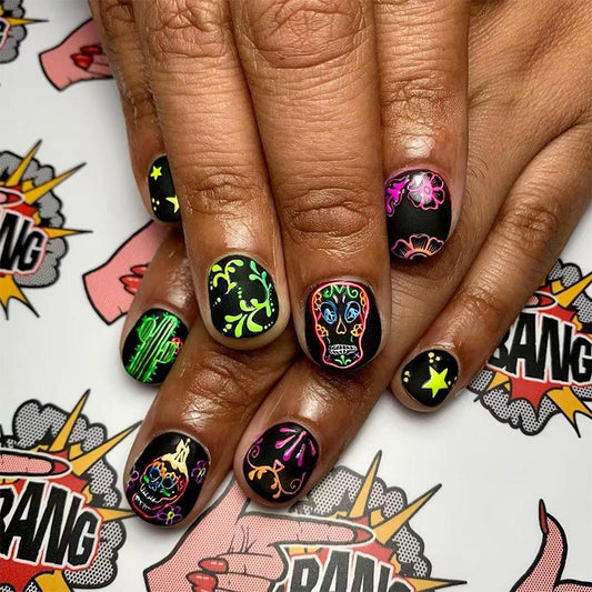 Fiesta Vibes Short Oval Black Press On Nail Set with Neon Floral Designs and Skull Art