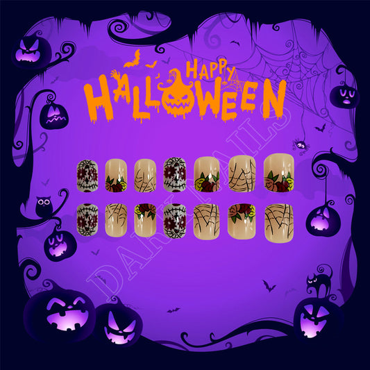 Spooky Halloween Short Square Beige Press On Nail Set with Floral and Spider Web Design