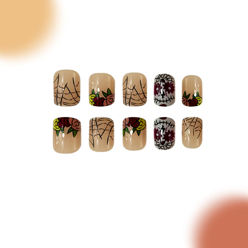 Halloween Flower Garden Square Short Press On Nail Set with Spider Web Design in Beige and Burgundy