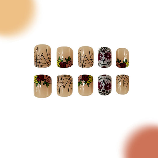 Halloween Flower Garden Square Short Press On Nail Set with Spider Web Design in Beige and Burgundy