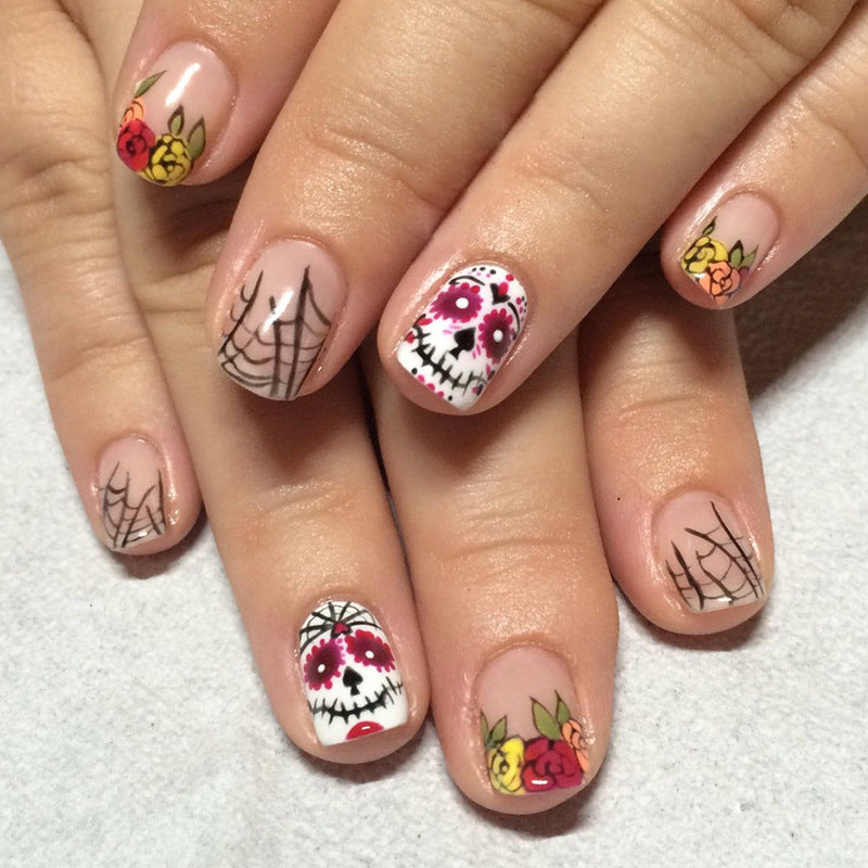 Day of the Dead Inspired Short Square Acrylic Press On Nail Set with Colorful Floral and Sugar Skull Designs