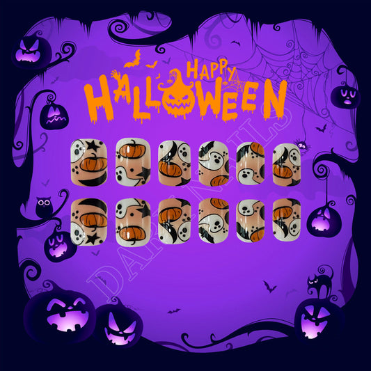 Spooktacular Halloween Themed Medium Square Orange Black and White Press On Nail Set with Fun Pumpkin and Ghost Designs