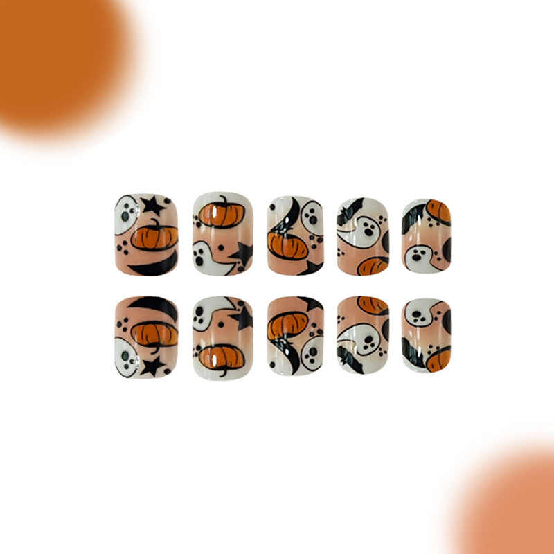 Spooky Halloween Themed Medium Square Orange and Black Press On Nail Set Featuring Ghosts and Pumpkins