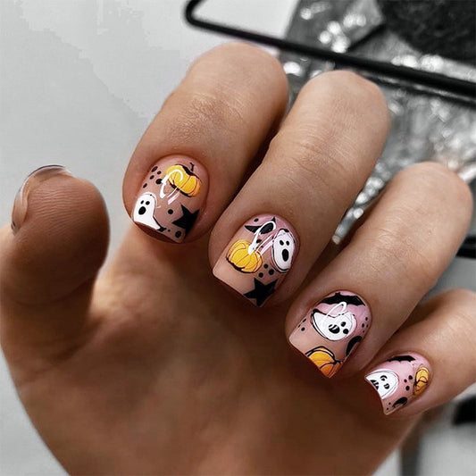 Spooky October Square Pink Press On Medium Nail Set with Ghosts and Pumpkins for a Festive Look