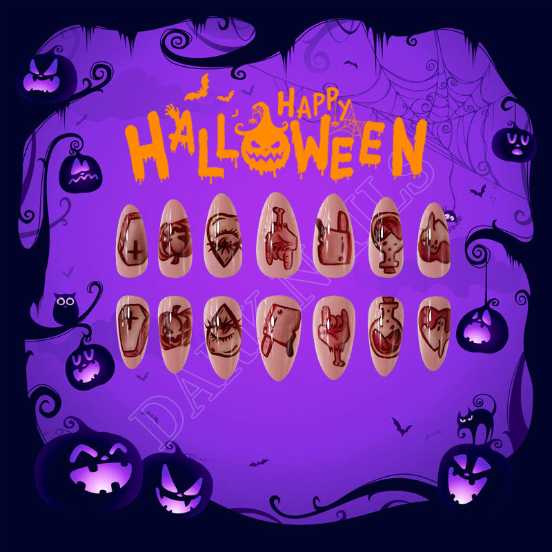 A set of beige press-on nails with various gothic designs including bats, pumpkins, and spider webs for Halloween.