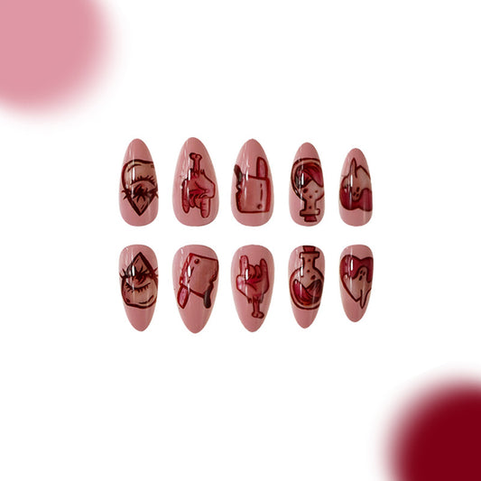Mystical Potion Artistic Almond Shaped Long Pink Press On Nail Set with Unique Potion Bottle Designs