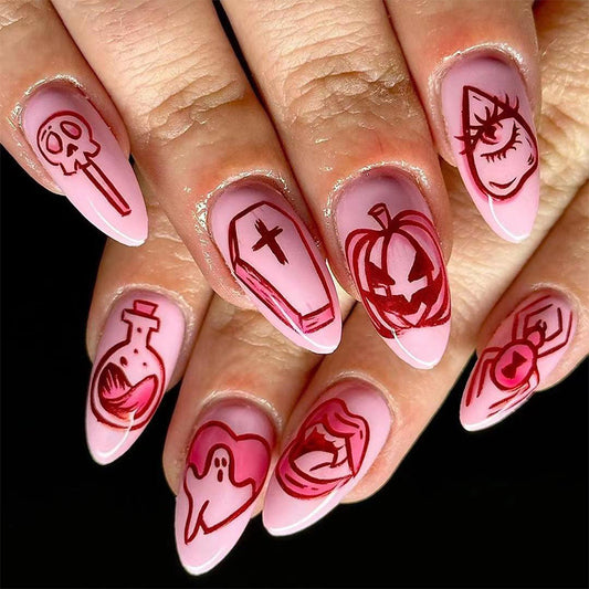 Spooky Gothic Almond Pink Press On Long Nail Set with Creepy Halloween Designs