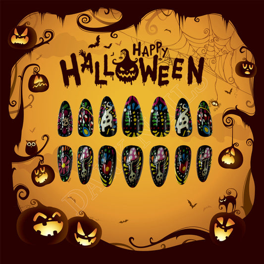 Halloween Themed Long Almond Black Colorful Graphic Press On Nail Set