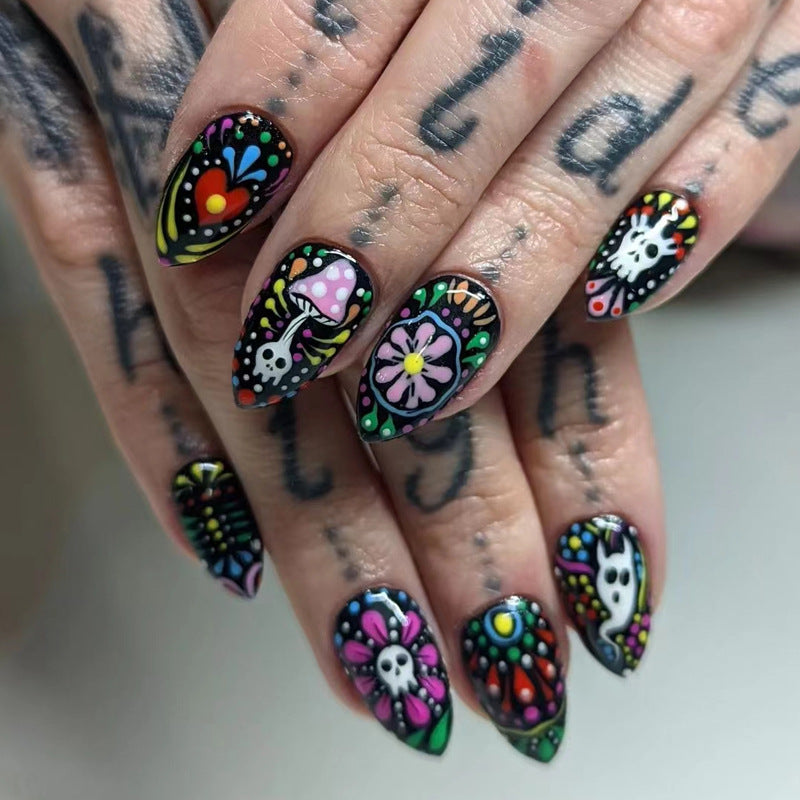 Gothic Floral Long Almond Colorful Press On Nail Set with Skull and Flower Art