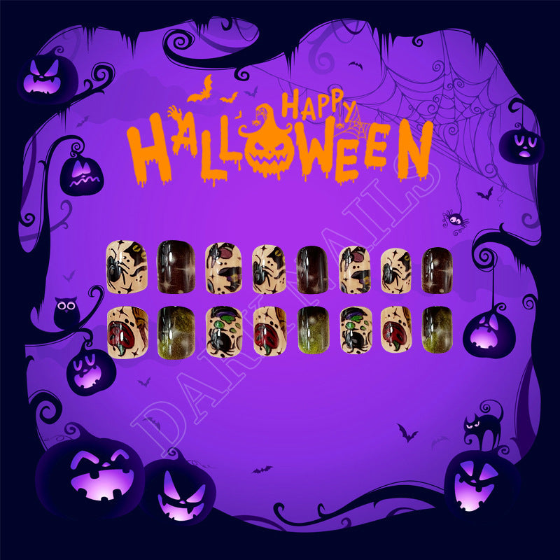 Halloween Spooktacular Oval Black and Orange Press On Short Nail Set with Creepy Crawlies Design