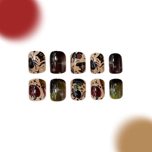 Spooky Garden Oval Press On Short Nail Set Multicolor with Insect Illustrations