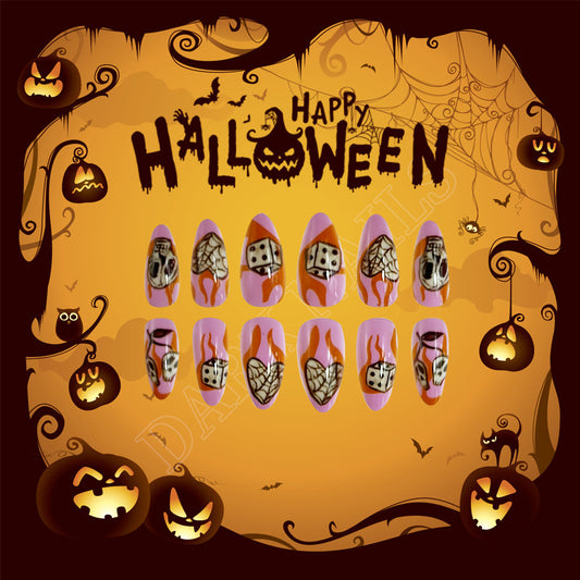 Spooktacular Halloween Long Almond Pink and Orange Press On Nail Set with Fun Halloween Designs
