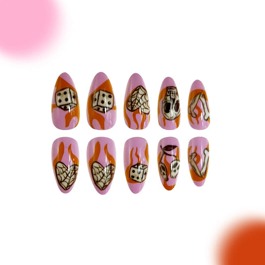 Edgy Flame Theme Long Almond Shaped Pink Press On Nail Set with Unique Dice and Leaf Designs