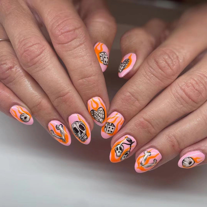 Glam Rock Long Almond Pink and Orange Flame Press On Nail Set with Skull and Dice Designs