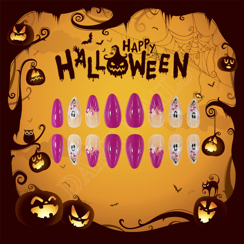 Spooky Halloween Long Almond Purple and Clear Press On Nail Set with Ghost and Spider Designs