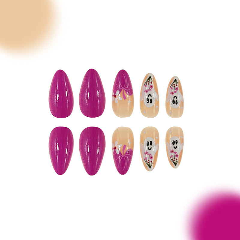 Whimsical Garden Long Almond Pink Ghostly Floral Press On Nail Set