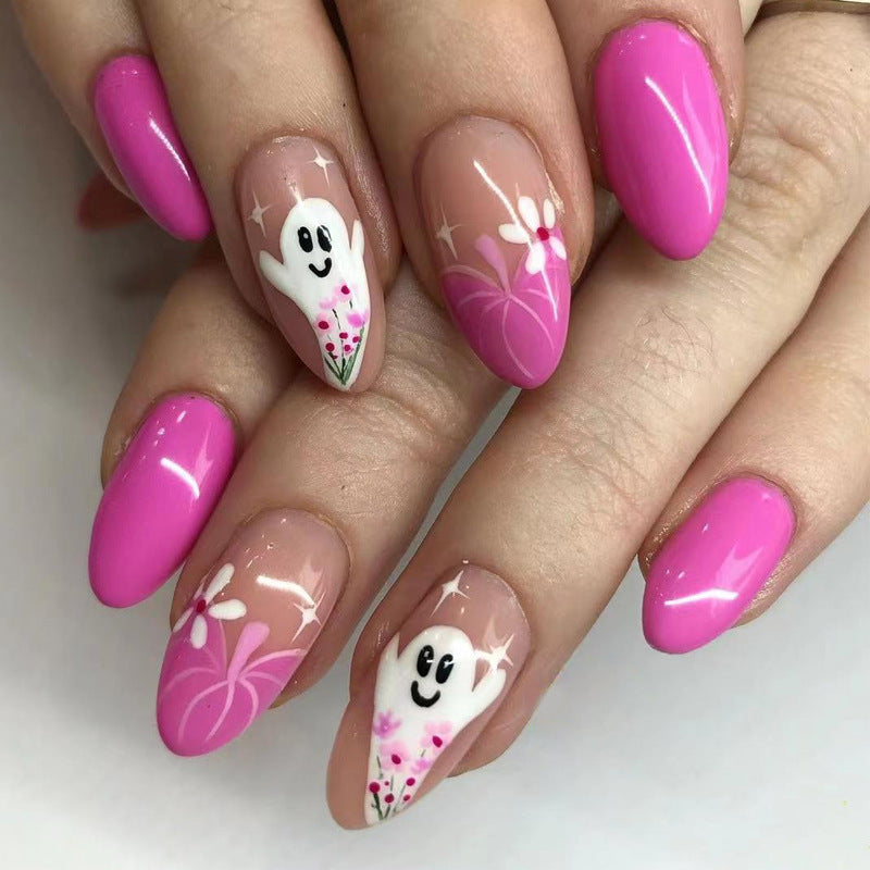 Whimsical Ghostly Garden Long Almond Bright Pink Press On Nail Set with Adorable Hand-painted Ghost Designs