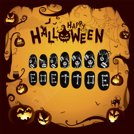 Halloween Themed Long Almond Black Skull and Bone Press On Nail Set with Spooky Designs