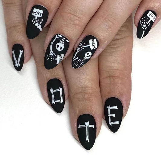 Spooky Skeleton Theme Long Almond Black Press On Nail Set with Unique Skeleton Graphics for Halloween Style