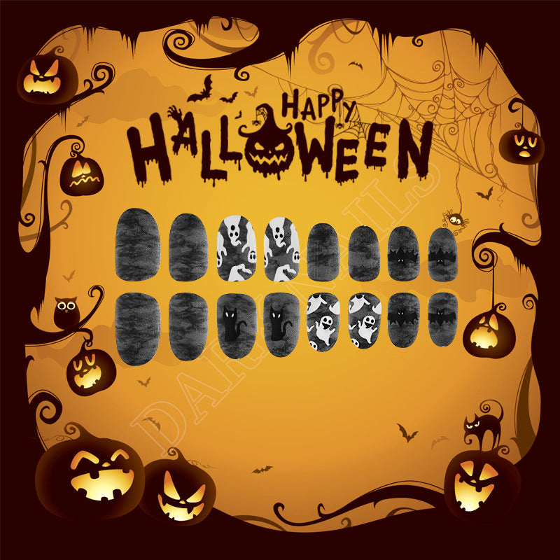 Spooky Halloween Long Oval Black and Gray Ghost and Cat Press On Nail Set