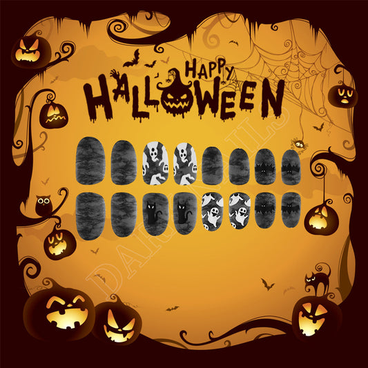 Spooky Halloween Long Oval Black and Gray Ghost and Cat Press On Nail Set