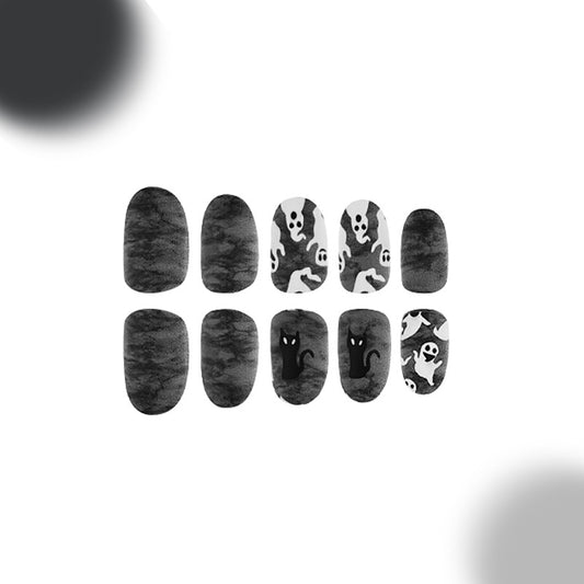 Spooky Night Press On Nails Long Oval Black and Grey Ghosts with Cats Design